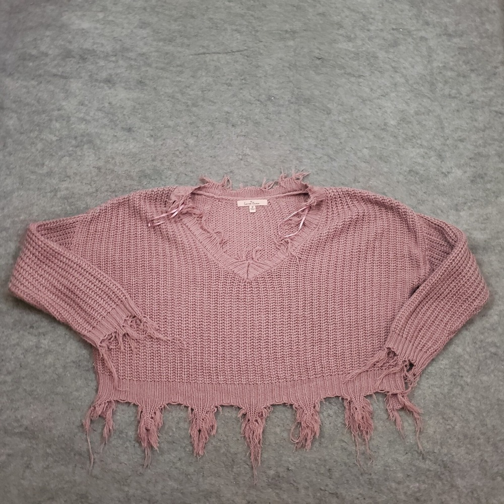 Love Tree Sweater Womens M Medium Pink‎ Long Sleeve Cropped Knit V-neck Fringe